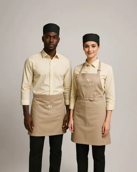 Chefs in cream shirts and aprons