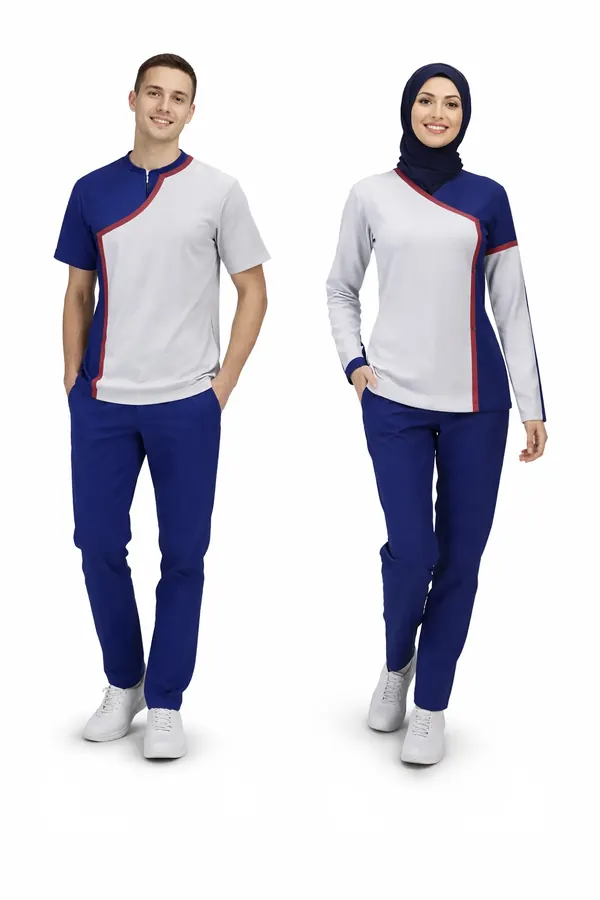 Male and female models in navy and white scrub tops with navy trousers