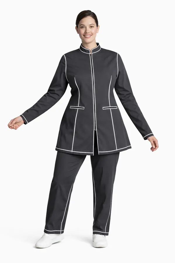 Charcoal long tunic and trousers with white piping