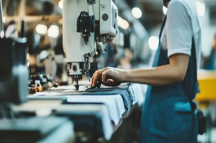 Operator sewing on a production line