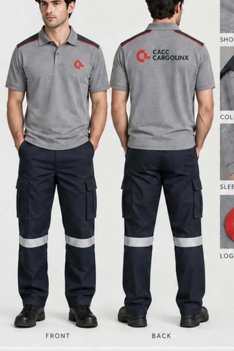 CACC CargoLinx grey and charcoal polo with navy cargo trousers and reflective tape, front and back