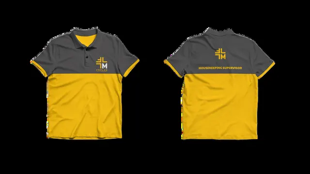 FM Plus yellow and charcoal polo shirts, front and back