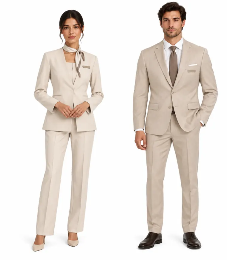 Marasem front-office uniforms: beige tailored suits for a woman and a man